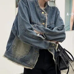 French style pocket denim jacket women's autumn and winter new retro raw edges washed fashion design plus size loose slim coat.