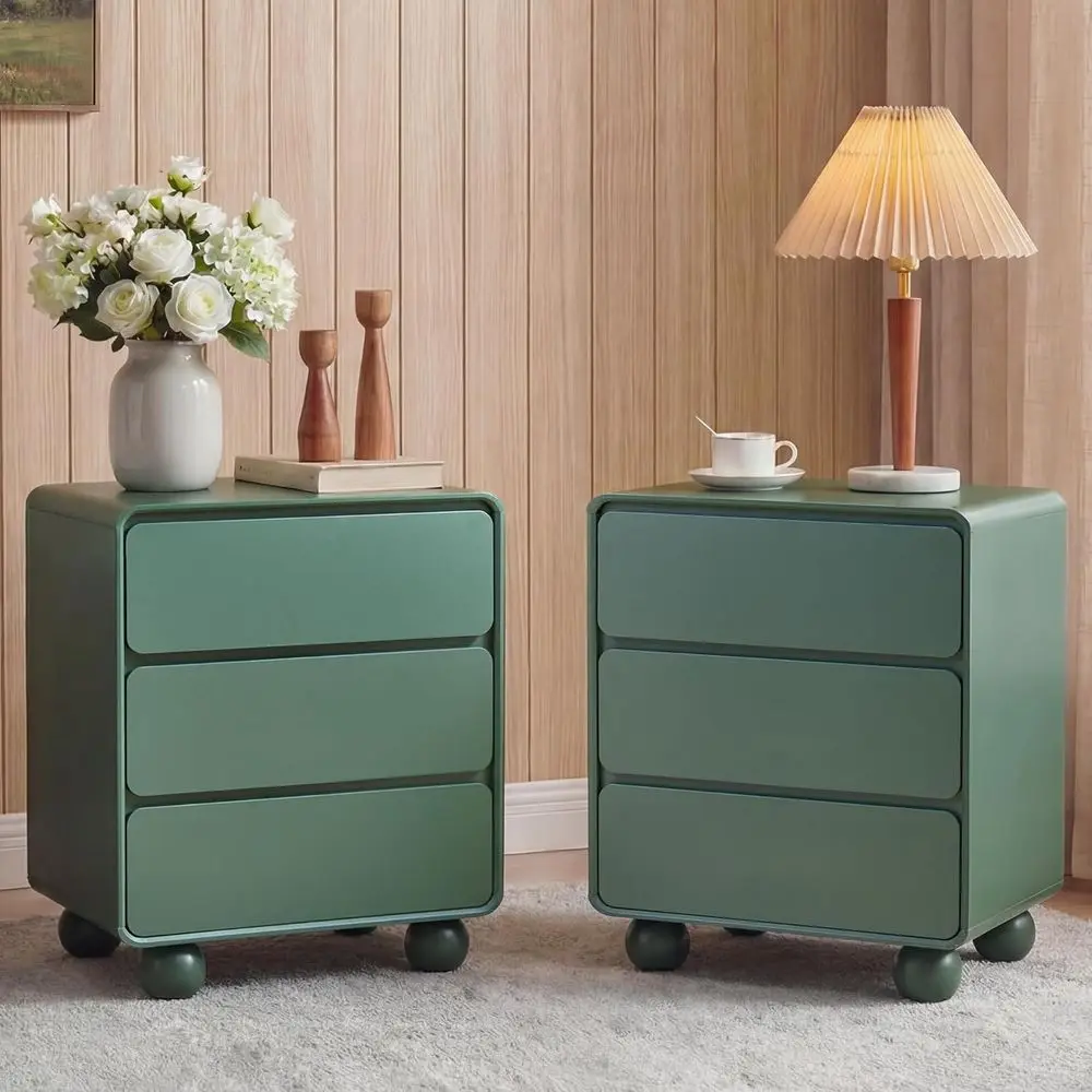 

Curved Wooden Dresser with 3 Drawers, Nightstands, and Closet Organizer for Kids' and Adults' Rooms in Green