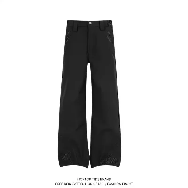Casual Straight Leg Men's Pants Embroidered Pattern Loose Fit Flared Long Trousers Versatile Polyester Fiber All Season Wear