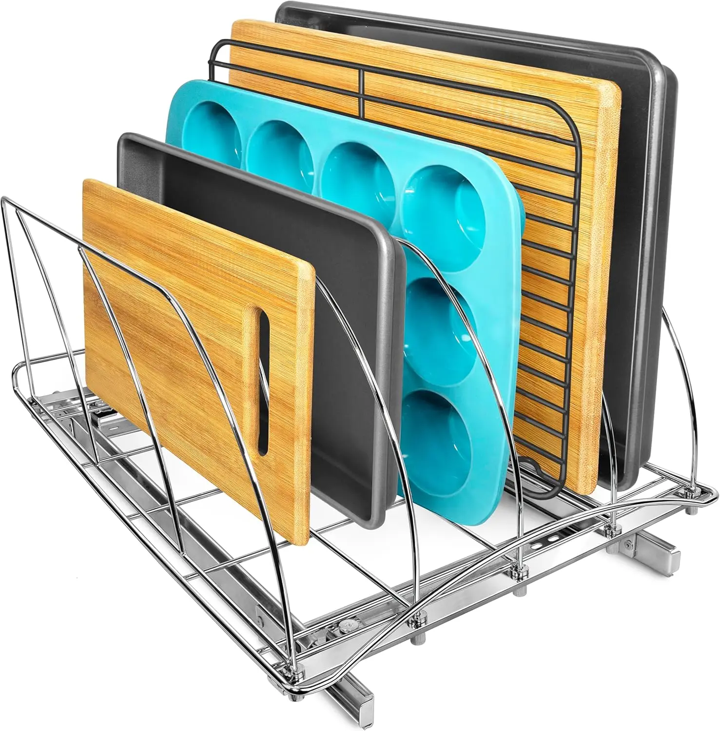 

Pull Out Cookie Sheet Organizer for Cabinet – Heavy Duty Baking Sheet Rack, 14" x 21", Chrome, Lifetime Warranty