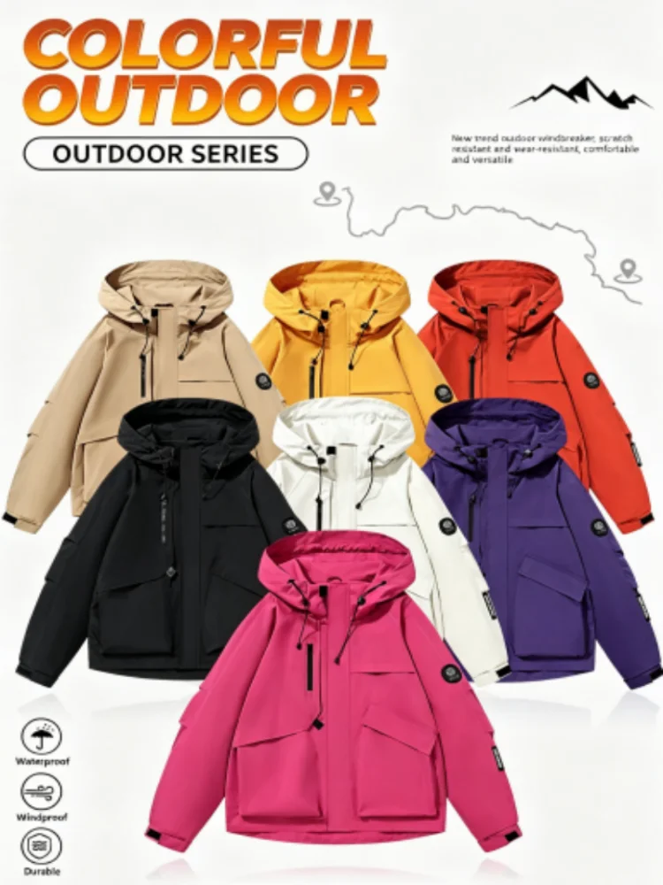 Unisex Outdoor Hooded Windbreaker Jacket 2588# Multicolor Waterproof Windproof Loose Cargo Coat Drawstring Hood Zipper Outerwear
