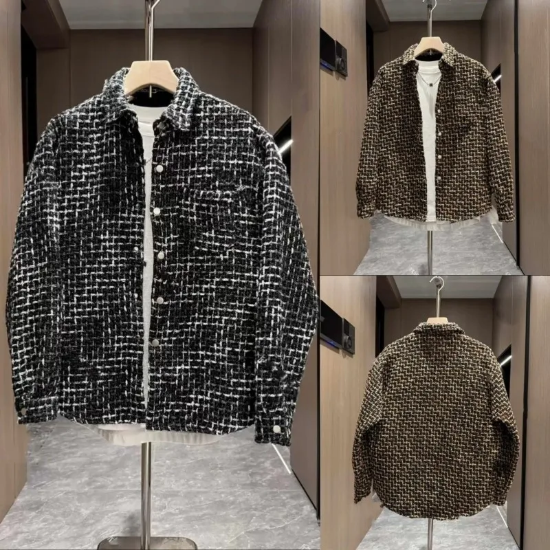 Fashion Brand Couple Men's Retro Casual Printed Thick Line Korean Style Woven Lapel Long-sleeved Shirt Versatile Button Jacket