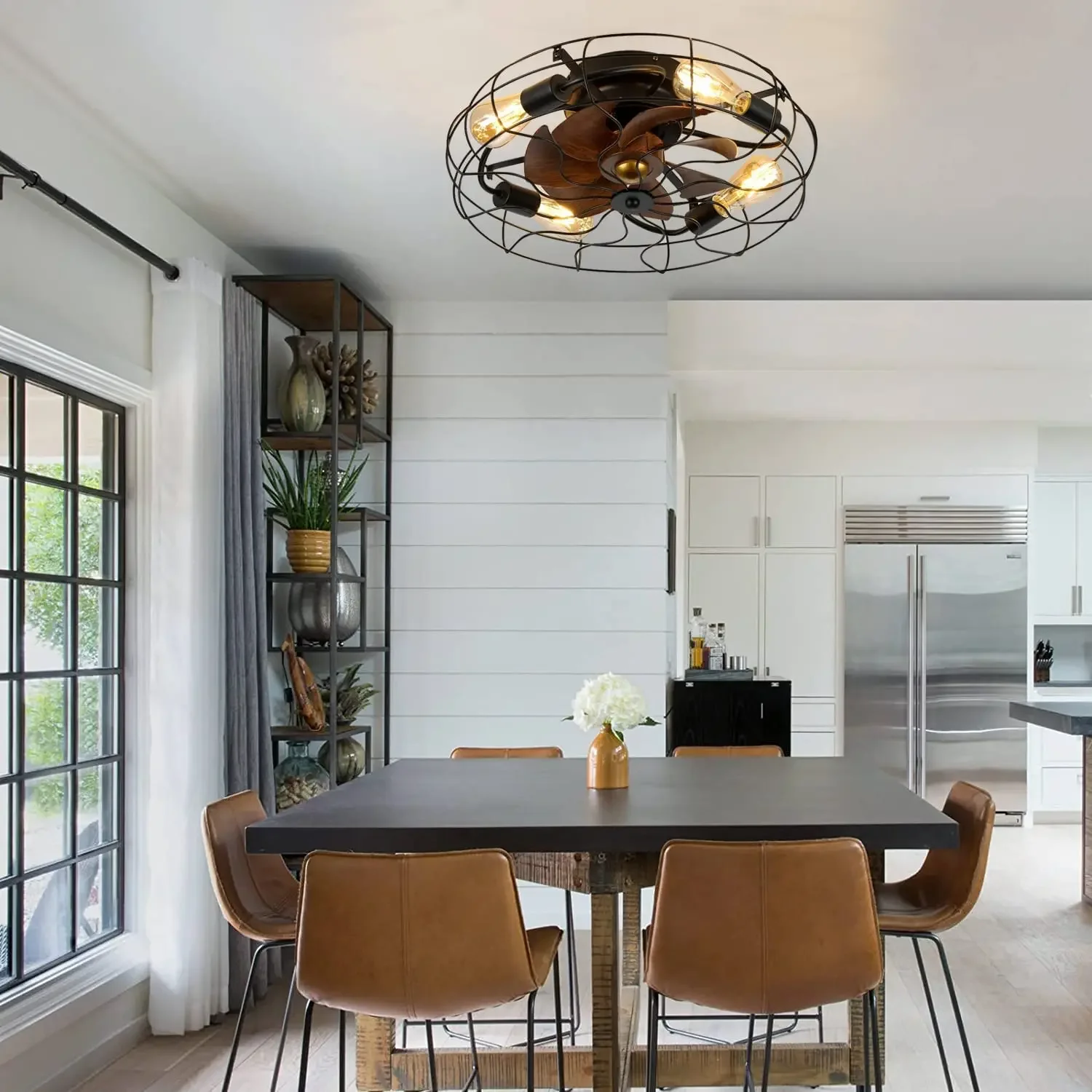 Cage Ceiling Fan with Lights Remote Control, Industrial Black Flush Mount Low Profile Ceiling Fan, Reversible Motor