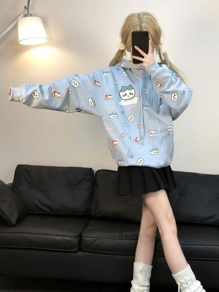 HOUZHOU-Sudadera con capucha Y2k Harajuku Kawaii para mujer, suéter de gran tamaño con cremallera y estampado de dibujos animados, estilo japonés,