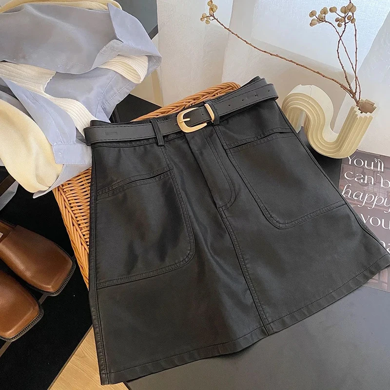 Mini jupes Cargo en cuir Pu pour femmes Y2K automne Streetwear avec ceintures décontracté une ligne jupe coréenne taille haute solide jupe décontractée