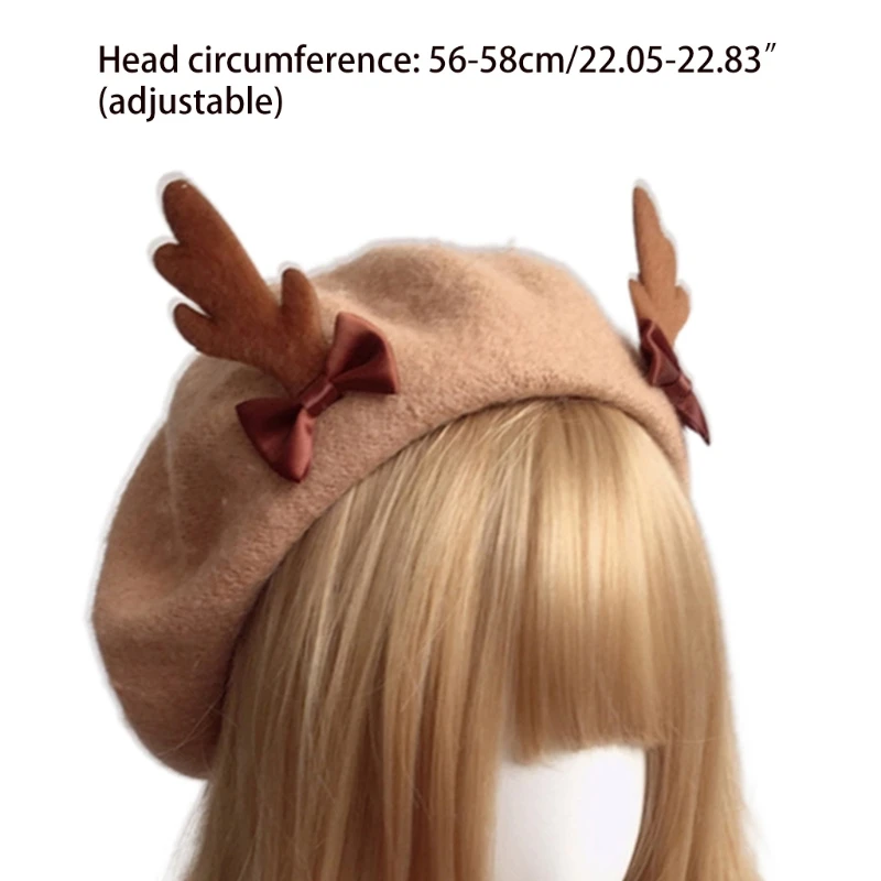 Women Kawaii Antler Beret Cap Christmas Cute Deer Antlers Wool Painter Hat Female Girls Vintage Lolita Warm Beanie Hat for Party