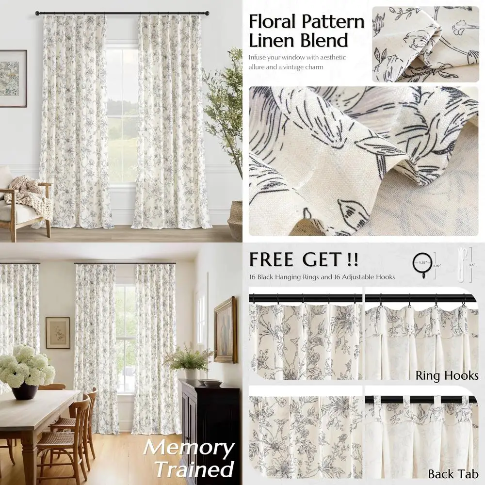 

Elegant Botanical Print Curtains, 96" Length, Black Floral Design for Living Room, Pinch Pleated Style, Bohemian Burlap Texture