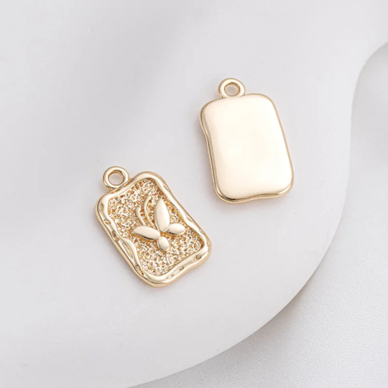 14K Gold-plated Irregular Rectangular Brand Oval Embossed Butterfly Rose Pendant Handmade Jewelry Pendant