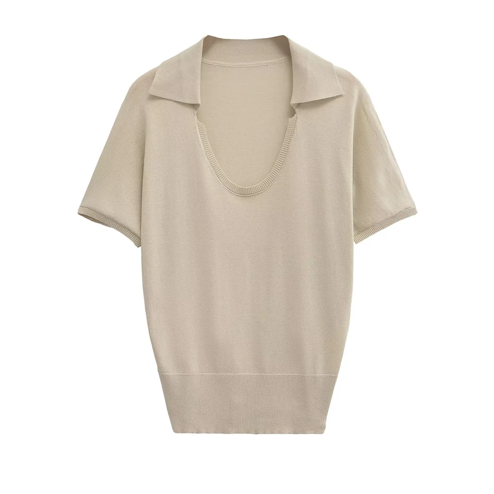 

TRAF Autumn New Product Women's Clothing European and American Style Design Neck Short Sleeve Roundneck Knitted T-shirt