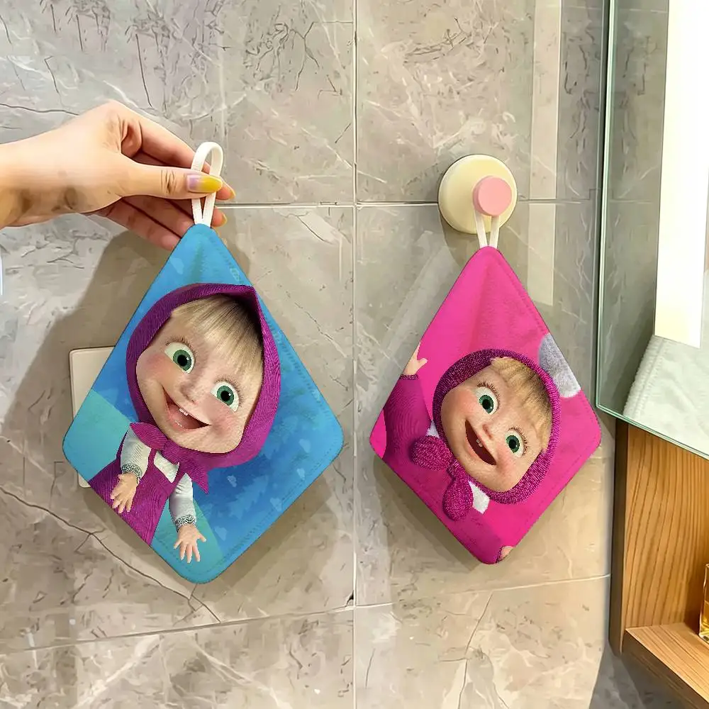 M-Masha And B-Bears Polyester Cotton Hand Wiping Towel, Hanging Design, Durable for Household Restaurant Toilet Use