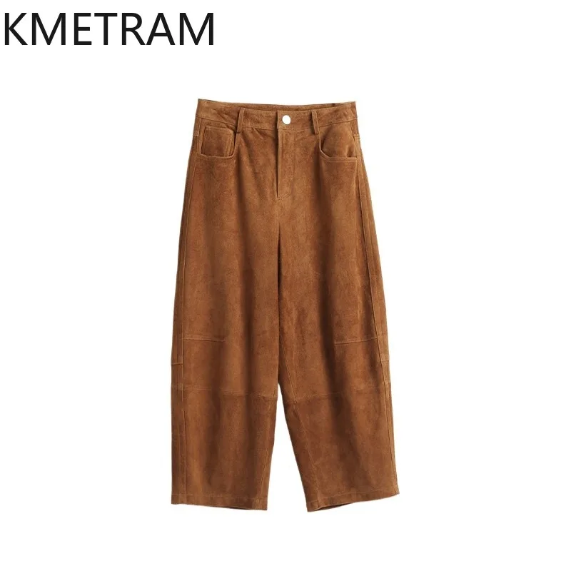 KMETRAM High Quality Goatskin Suede Genuine Leather Pant Woman Harem Cropped Trousers Wide Leg Pants for Woman Casual Pantalones