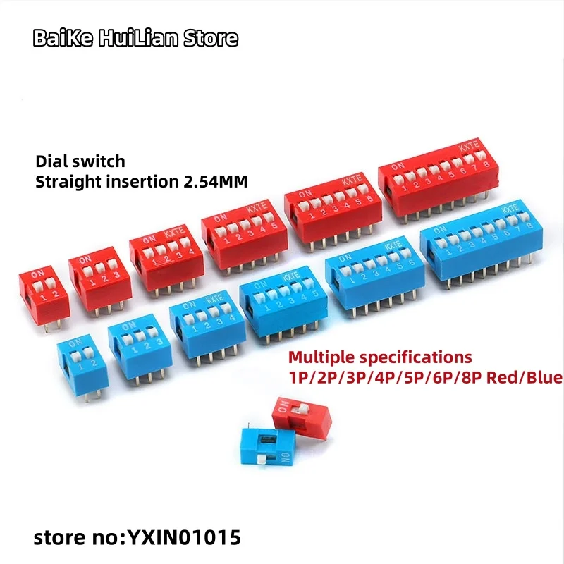 

Dial switch, coding switch, flat switch 2P, 1, 3, 4, 5, 6, 8-position 2.54mm, red and blue