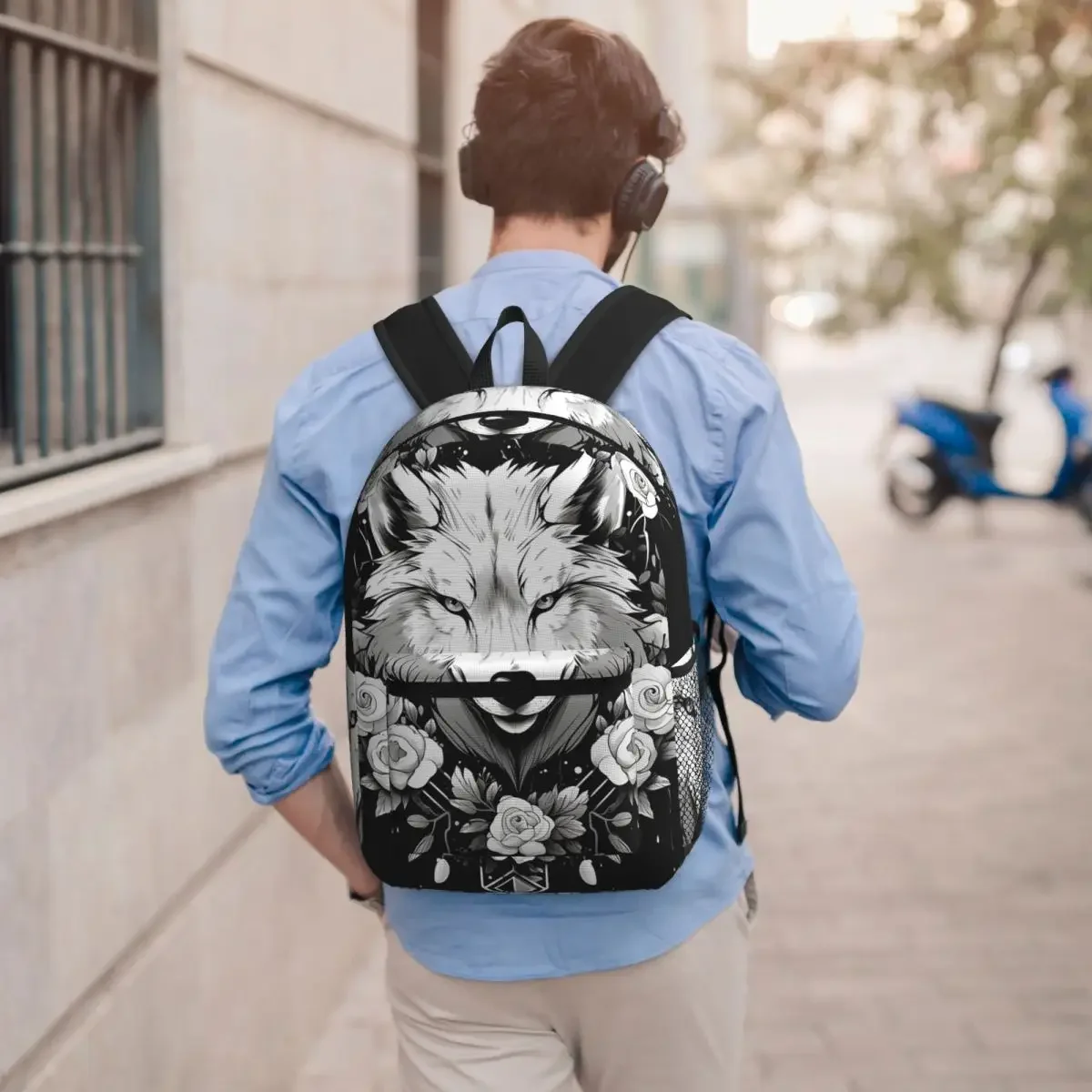 Black White Wolf Surrounded By Flowers Student Backpack School Bag Hiking Travel Daypack for Boys Girls Bookbag Shoulder Bags