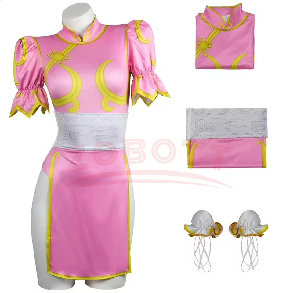 فستان تشون لي التأثيري زي لعبة SF تشونلي لعب الأدوار الأزرق تشيباو الزي مجموعة كاملة جاكي الكونغ فو بدلة حفلات الهالوين الوردي الأزرق