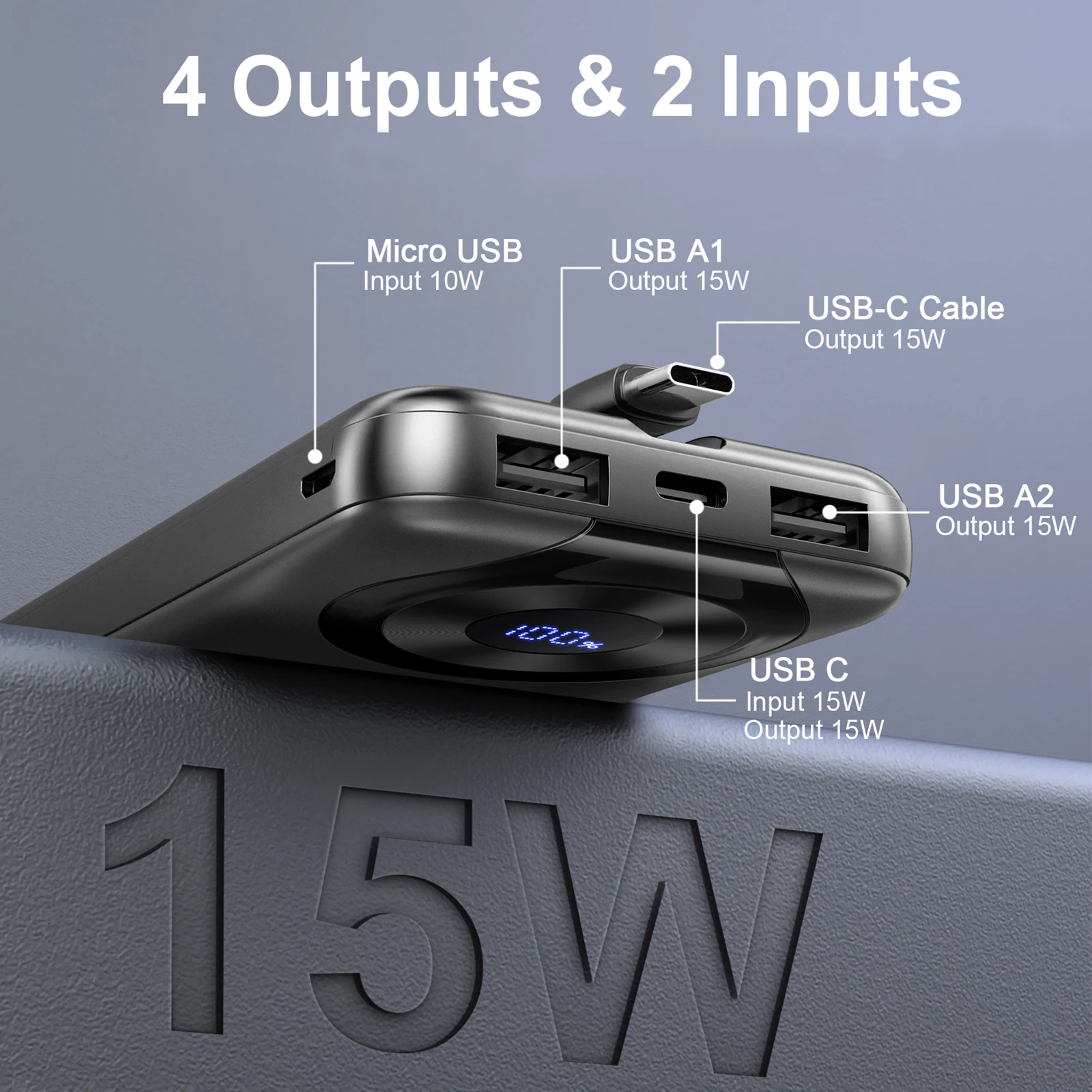 Cargador portátil de 10000 mAh, banco de energía de carga de alta velocidad con cable incorporado Paquete de batería delgada de 5 V/3 A, banco de energía de entrada y salida USB-C.