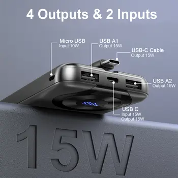 Přenosná nabíječka 10 000 mAh, powerbanka s vysokorychlostním nabíjením a vestavěným kabelem, tenká baterie 5 V/3 A, USB-C vstup a výstup. 10 nejlepší prodej Powerbanka Miniso 10000 mAh - №10
