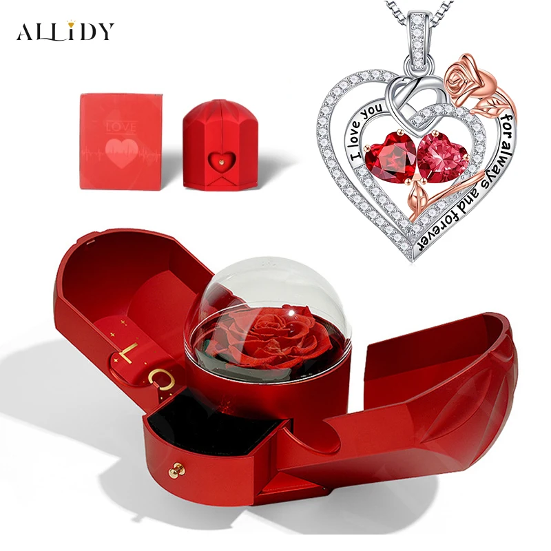 Valentine's Mother's Day Gift Set Rose Matching Color Double Gem Love Pendant Fashion Women's Necklace Rose Jewelry Box Gift Set