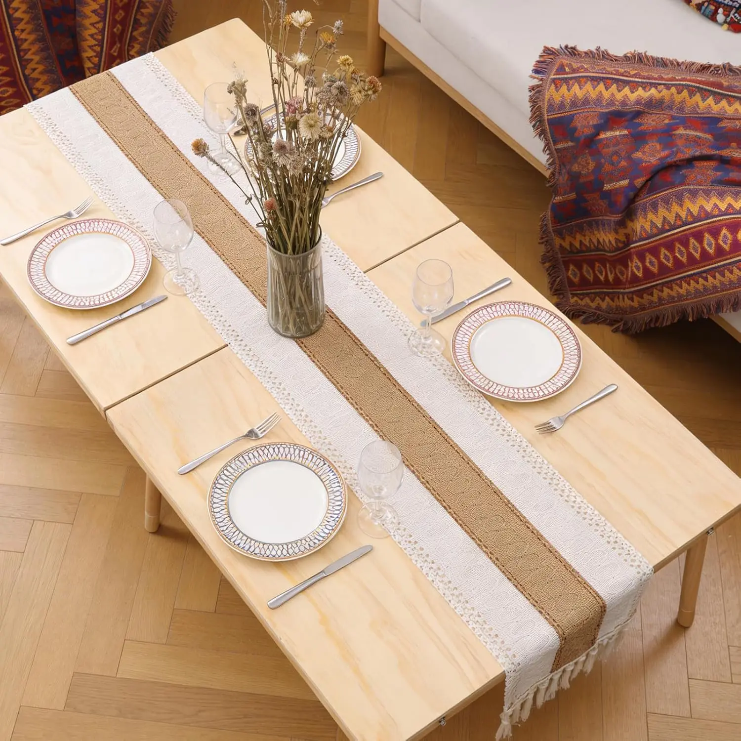 Folding Picnic Table with Boho Table Runner & Large Picnic Blanket, 60