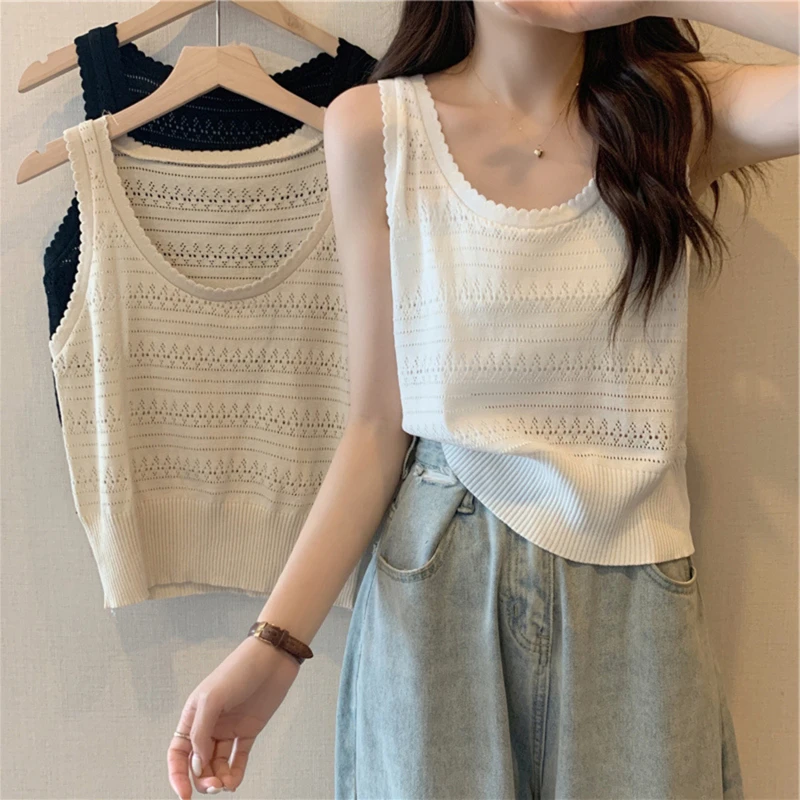 Summer Casual Pullover Tank Female Loose Knitted Top Gentle Bohemian Vacation Beach Hollow Out Vest Blouse Sun Protection