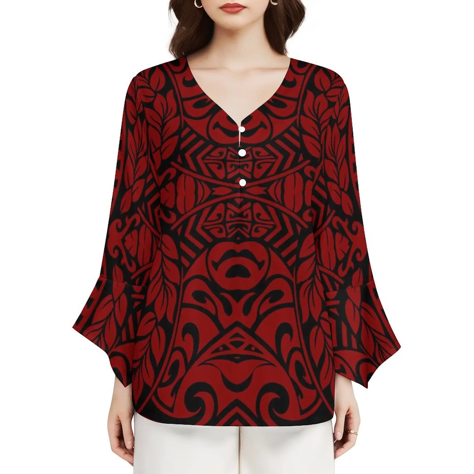 Polynesia New Design Women Custom Fashion V-Neck Petal Sleeve Shirt Autumn New Fashion Not Pick People All The Match