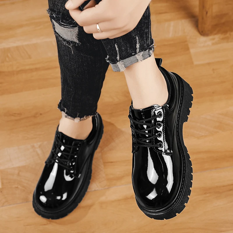 Schwarze Herren-Freizeitschuhe aus Lackleder, Plateau-Schnürschuhe, Business-Schuhe, Büro-Arbeitsschuhe, Party-, Hochzeits- und formelle Schuhe – Detail 16