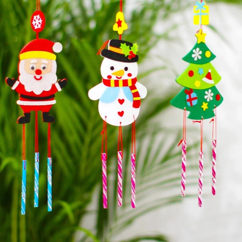 6Pcs/set Children DIY Christmas Wind Chimes Kindergarten Handmade Craft Toy Kits Windbell Arts Cartoon Hangings Stickers Decor