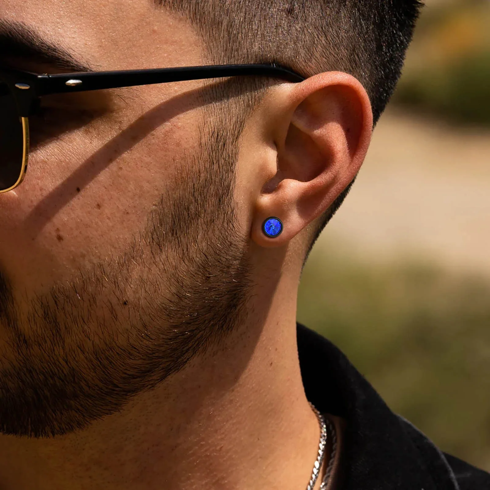 Men's Black Stainless Steel Stud Earrings, 8MM