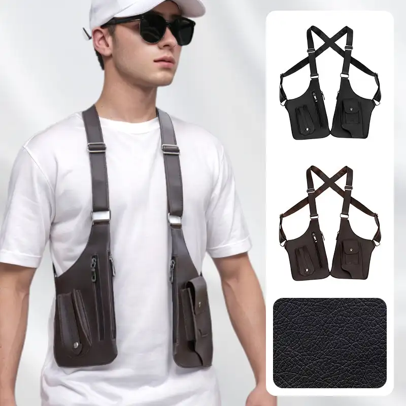 

Double Shoulder Strap Multi-Pocket Waterproof Anti Anti-Theft Tactical Outdoor Bag Men PU Crossbody Sling for Fishing Hiking