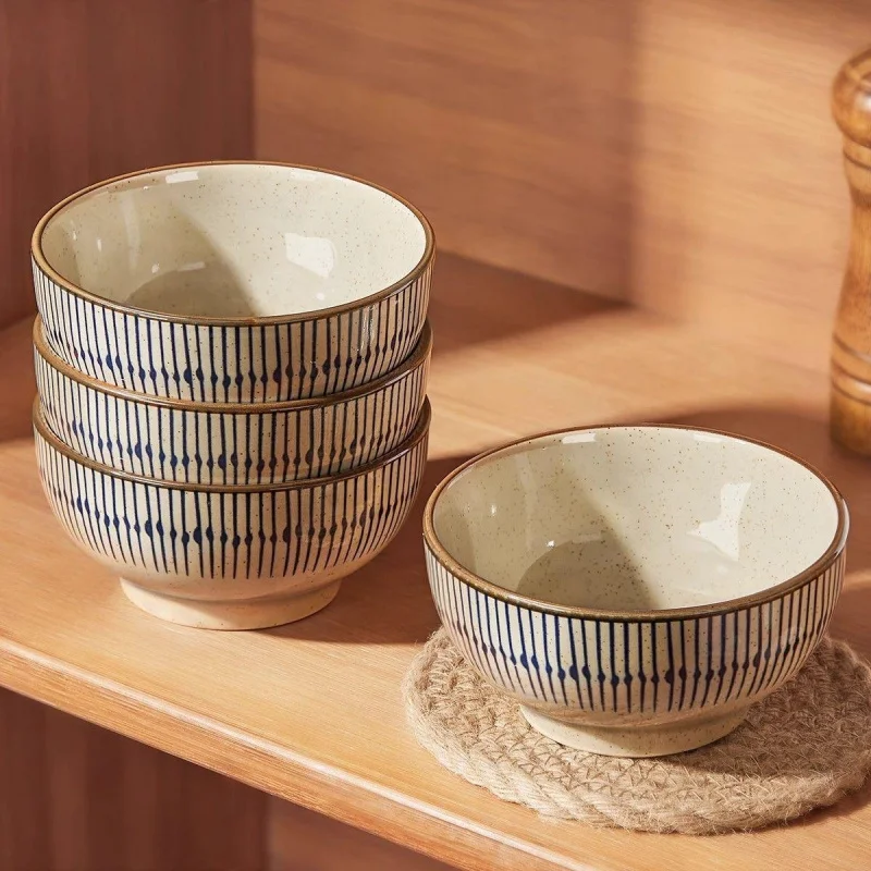 2/4pcs 4.5-Inch Thickened Ceramic Bowls - Salad/Rice/Dessert/Soup/Noodle Bowls, Underglaze Color Design, Microwave Safe