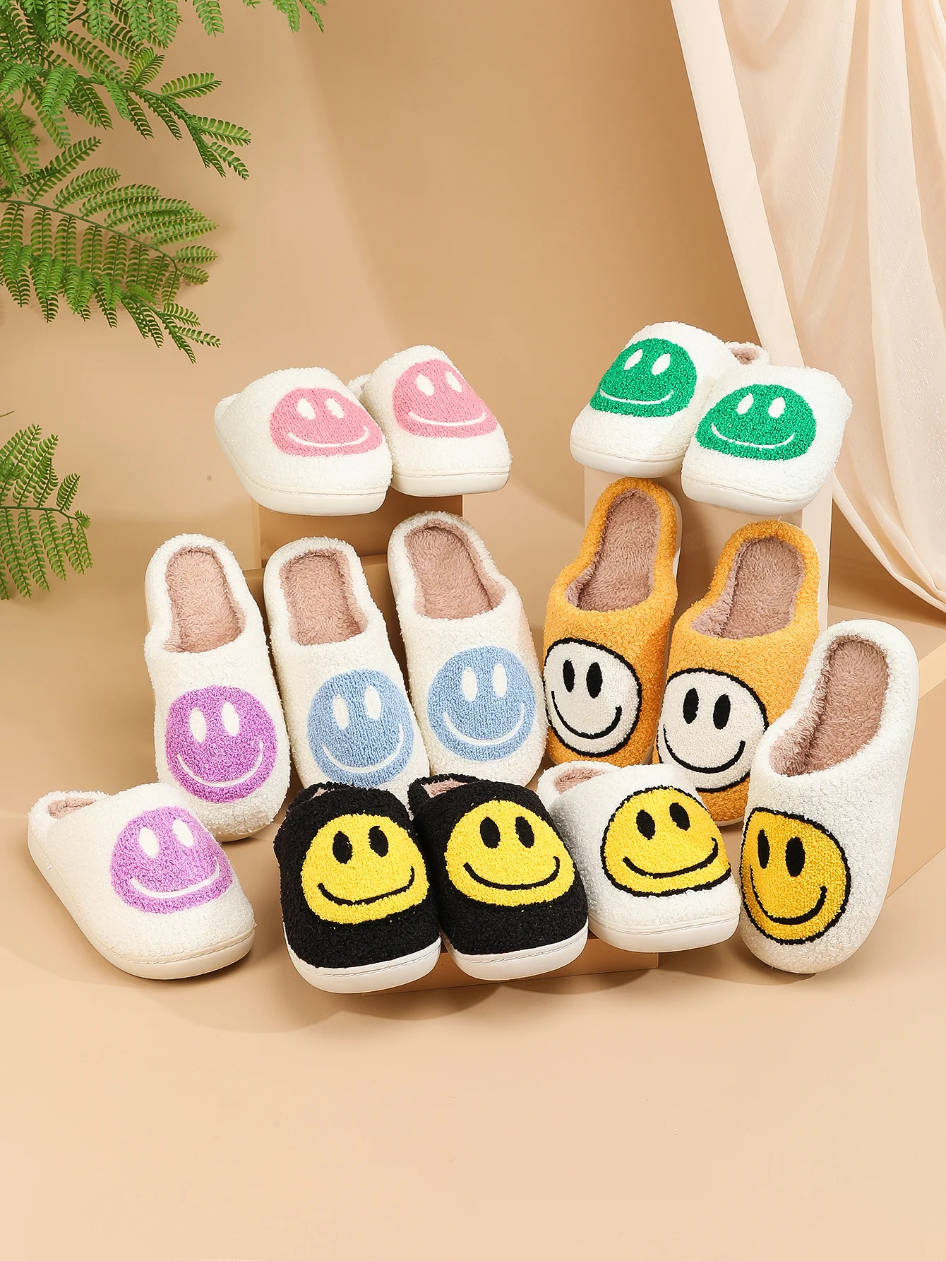 New Towel Embroider Korean Style Autumn and Winter Men's and Women's Indoor Home Wooden Floor Tpr Soles Thickeneded Smiley Face Cotton Slippers