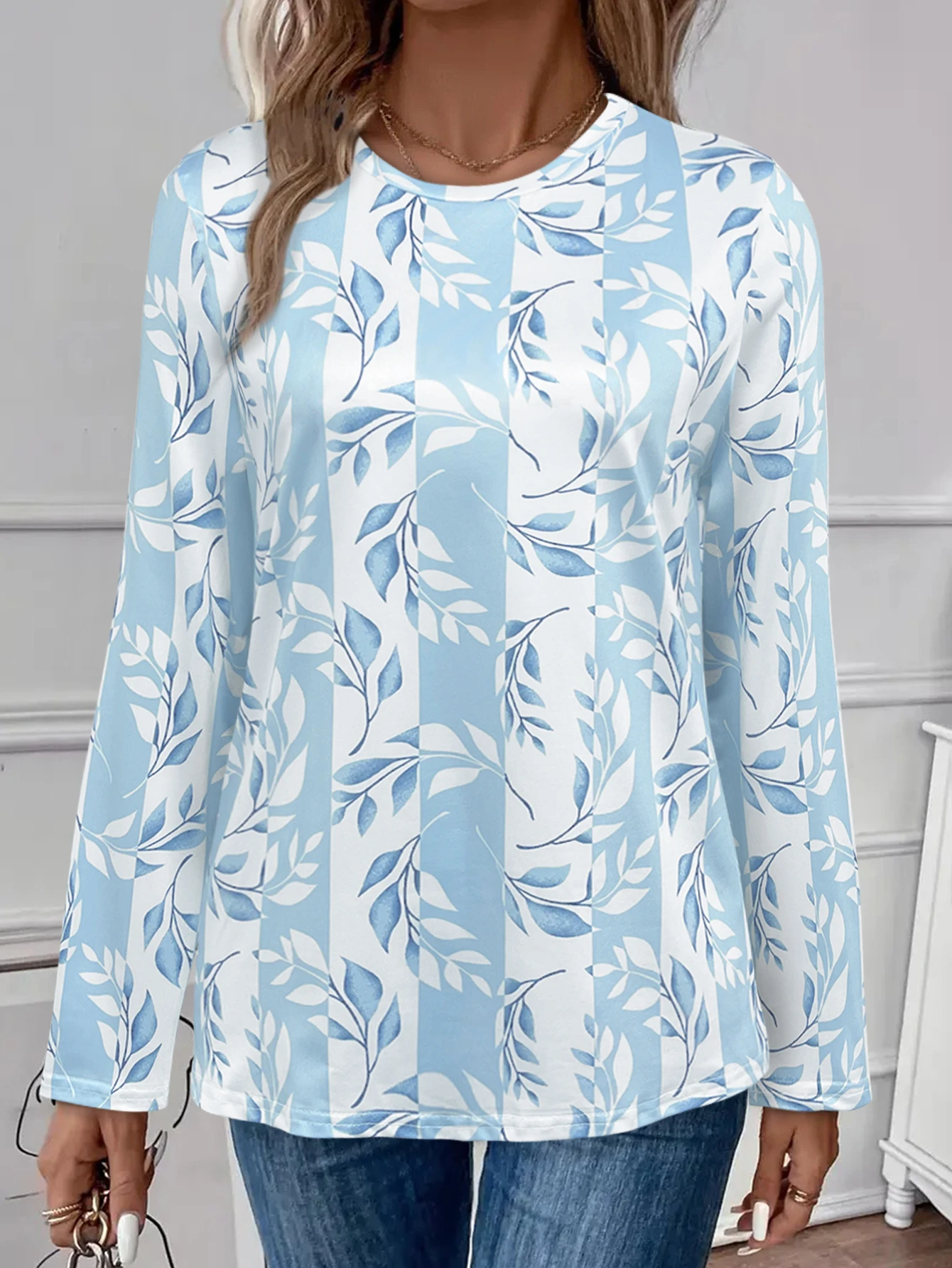 

Women's Long - Sleeve Round - Neck T - Shirt, Light Blue Striped with Leaf Print, Casual & Fresh Daily Wear