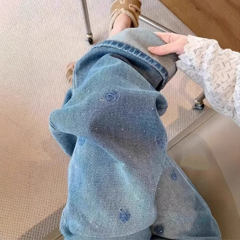 Women's Trendy Vintage Washed Blue Jeans High Waisted Embroidered Rhinestone Wide Leg Comfort Fit Spring New Arrival Slimming