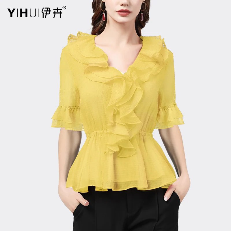 여성용 쉬폰 플레어 롱 슬리브 셔츠 러플 V넥 탑 레드 허리 조임 슬림핏 웨스턴 스타일 캐주얼 블라우스