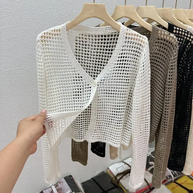 

Hollow Mesh Ice Silk Sunscreen Jacket For Women's Summer Long Sleeved Outerwear Small Shawl Knitted Cardigan Sweaters