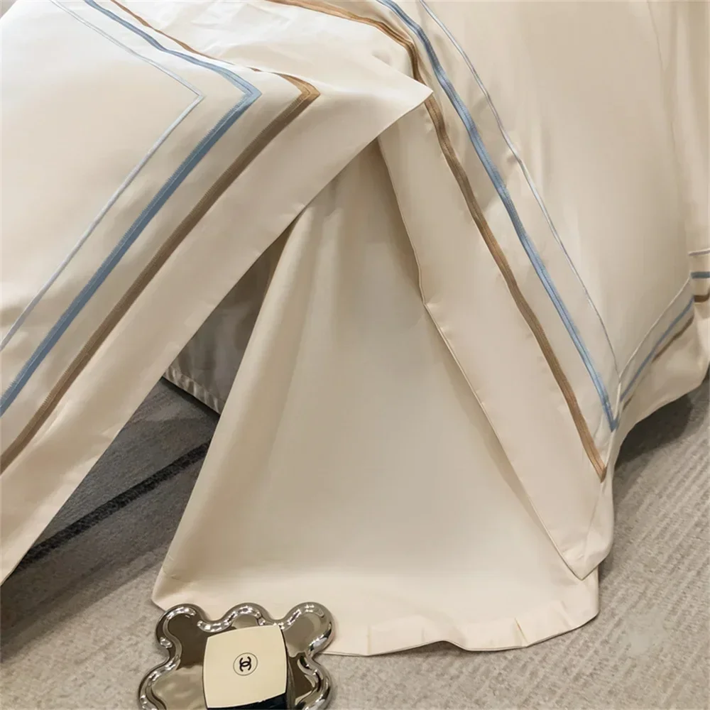 Svetanya Solid Embroidery 600TC Bedding Egyptian Cotton Duvet Cover Set Queen King Size Bed Linens Sheet Pillowcase