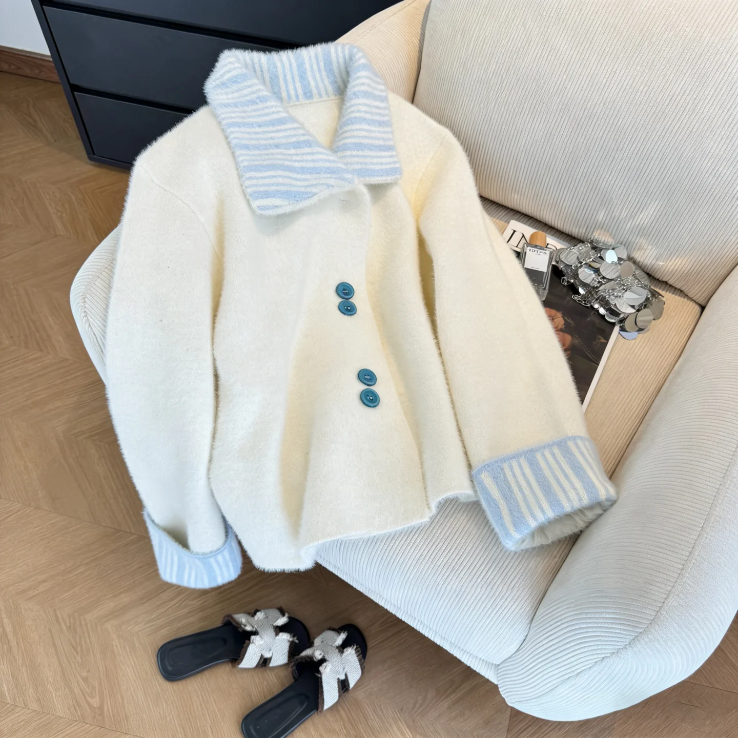 

Вязаный свитер с мехом кролика Ele Water, пальто свободного покроя с отложным воротником, длинная теплая повседневная верхняя одежда для женщин