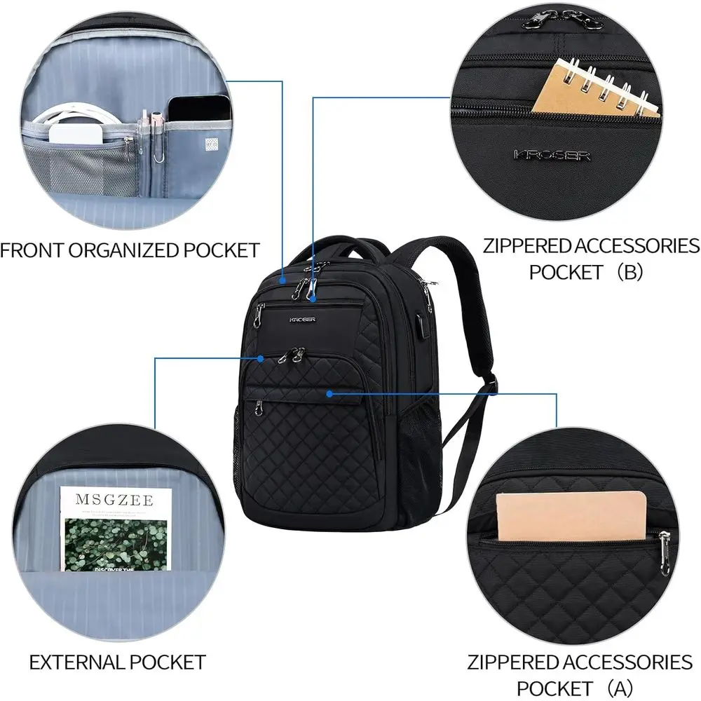 Mochila acolchoada para laptop com 17 bolsos para porta USB e RFID – Mochila resistente à água para trabalho, faculdade, homens e mulheres