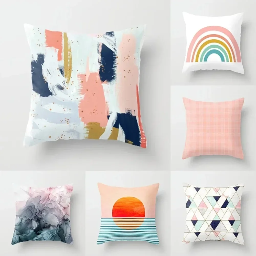 45*45cm Home Decoration Abstract Geometric Sunset Rainbow Pink Pillowcase Bed Living Room Sofa Office Seat Cushion Cover