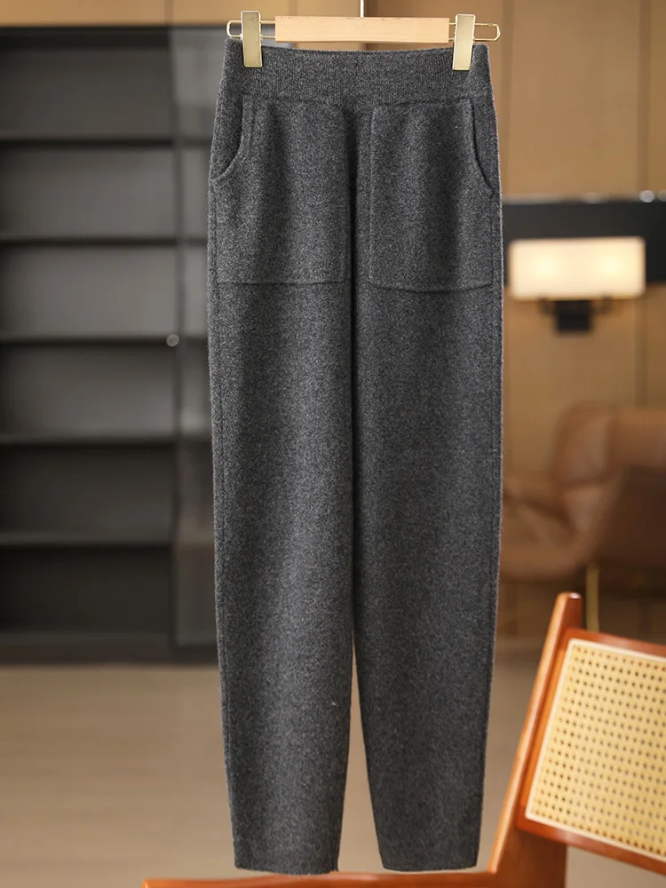 New Classy Autumn Winter Soft Thick Warm Wool Women Pencil Pants Woman 100% Merino Wool Trousers Elastic Waist Knited Wool Pants