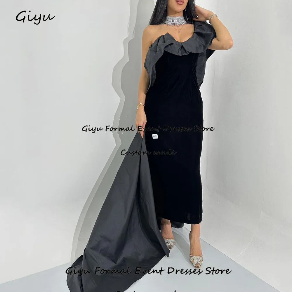 

Giyu Elegant Black Prom Gown for Women Saudi Arabia Train Ankle-Length Sweetheart Collar Wedding Party Dress Evening Gown Dress