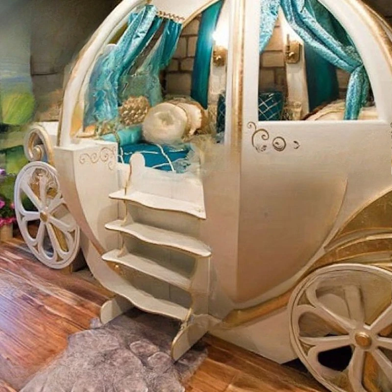 Cama infantil niña b ed, cama de carro creativa de madera maciza, carrito de calabaza