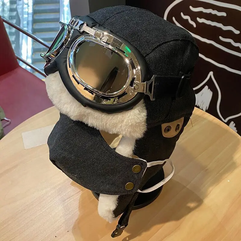 Winter Plush Earflap Aviator Bomber Hat Face Mask Goggles Ski Riding Biking Snow Thicken Warm Cotton Cap Glasses Women Windproof