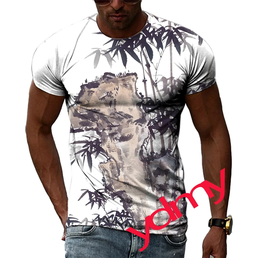 

Summer Leisure Chinese Bamboo Pattern Men's T-shirt Hip Hop 3D Print Personality Rod Neck Short Sleeve Tops Fashion Clothes