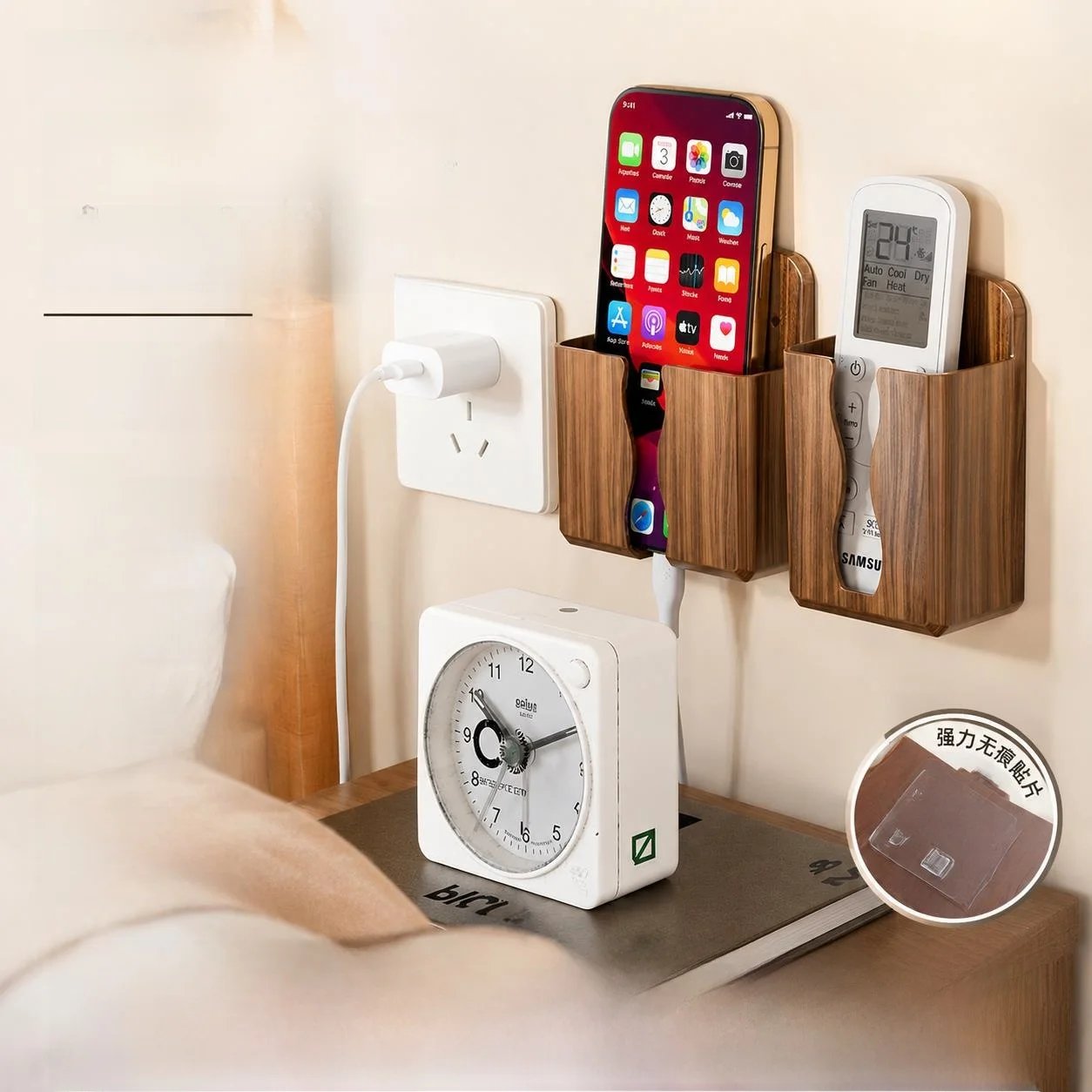 

Elegant Wooden Storage Box Wall-Mounted Holder for Mobile Phones And Remote Controls No-Punching Required Bedside Organizer