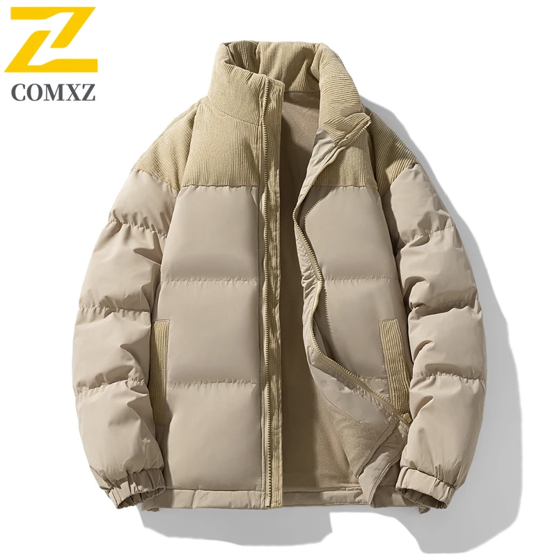 Jaket Katun Pasangan Tren Mantel Katun Kerah Berdiri Hangat Tebal Tahan Dingin Pakaian Musim Dingin Kasual Luar Ruangan Mantel Ritsleting Bawah