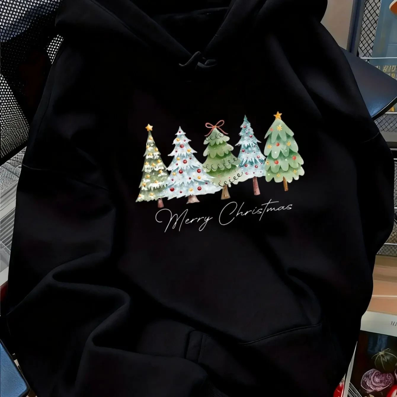 Cartoon Casual Pattern Printed Hooded Sweatshirt with Drawstring for Christmas Selection