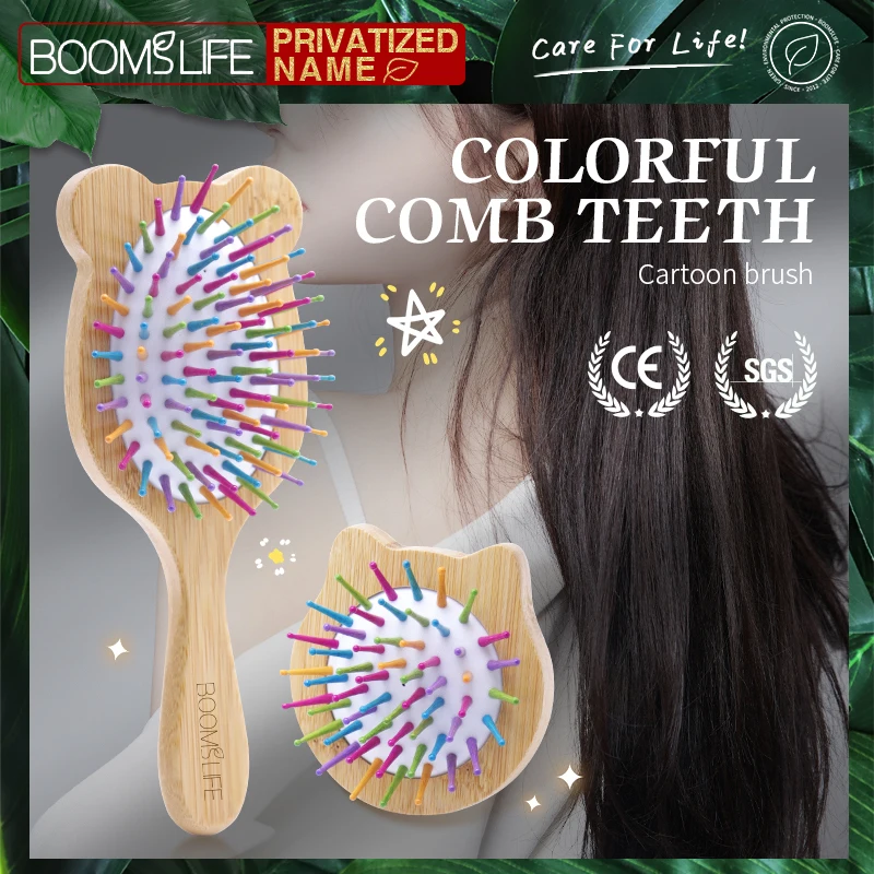 

BOOMSLIFE Custom Bamboo Hair Brush Women Cute Cat Style Wood Comb For Girl Wide Teeth Airbag Massage Brush Anti-static Hair Comb