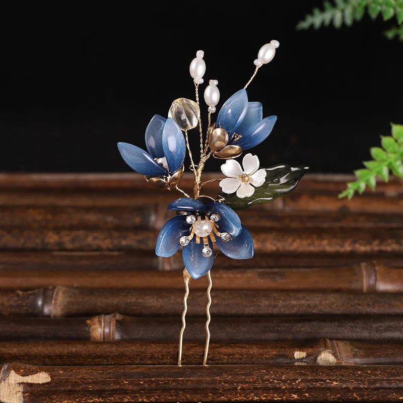 Luxury Hair Clip Blue Flower Hairpin Pearl Long Tassel Hair Stick Chopstick Chinese Hanfu Hair Accessories Vintage Jewelry Sets