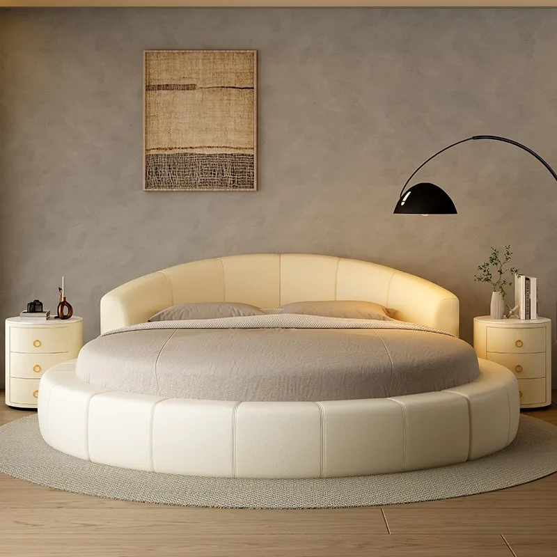 Leather round bed simple modern design high-grade solid wood row skeleton