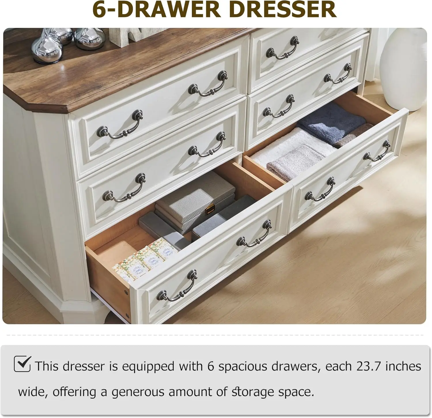 ตู้ลิ้นชัก 6 ชั้น สไตล์บ้านไร่ สำหรับห้องนอน กว้าง 54 นิ้ว ทำจากไม้สไตล์เรสติก พร้อมพื้นผิวธรรมชาติ ดีไซน์วินเทจ สำหรับจัดเก็บของ